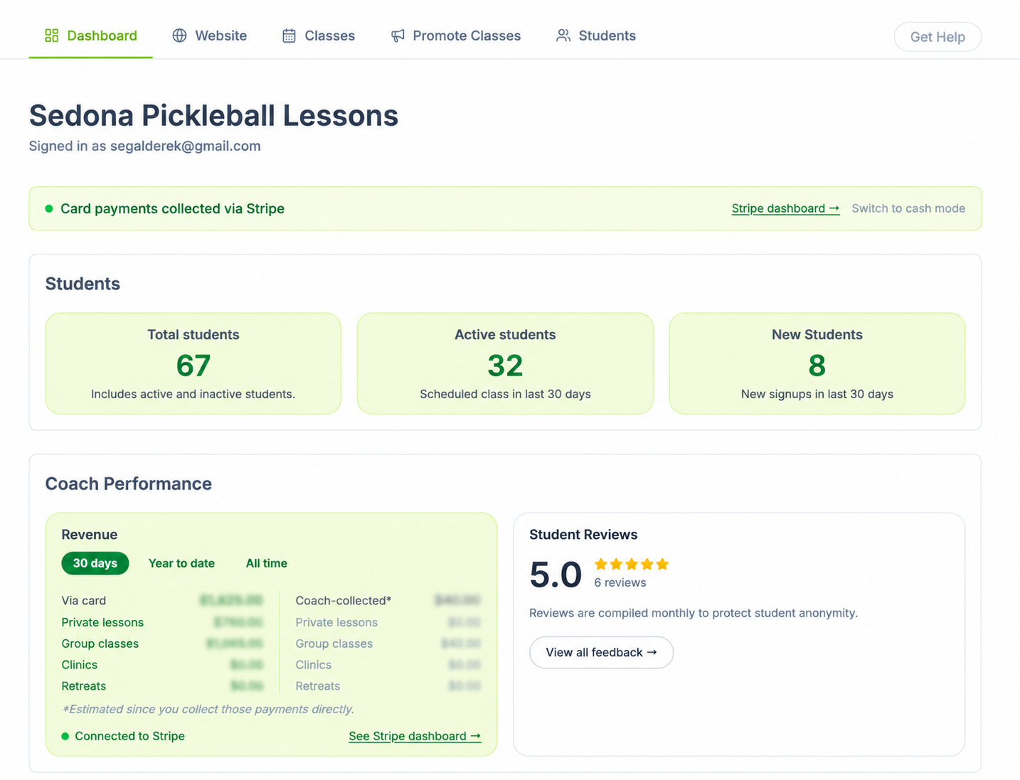 Derek's CoachCoyote dashboard showing students and reviews